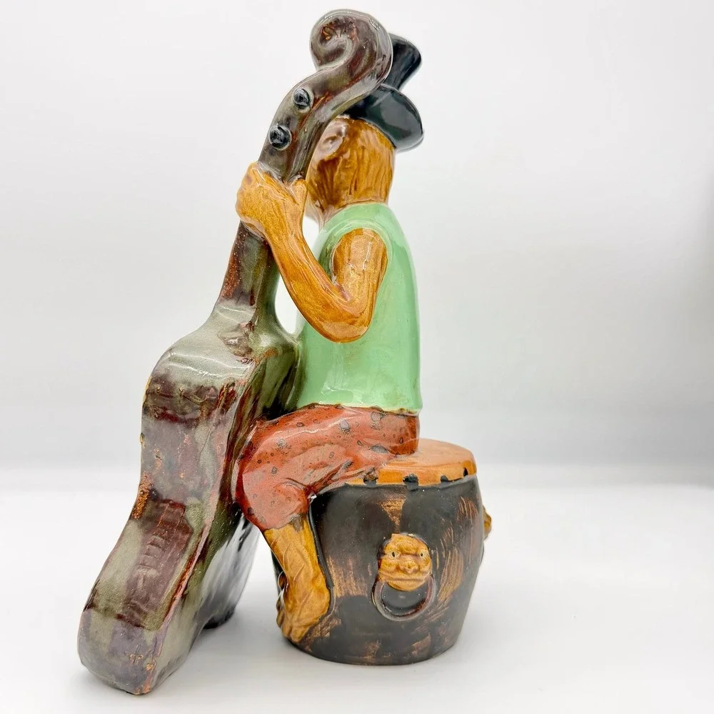 Majolica Style Ceramic Monkey Band Cellist Figurine Top Hat Drum Base